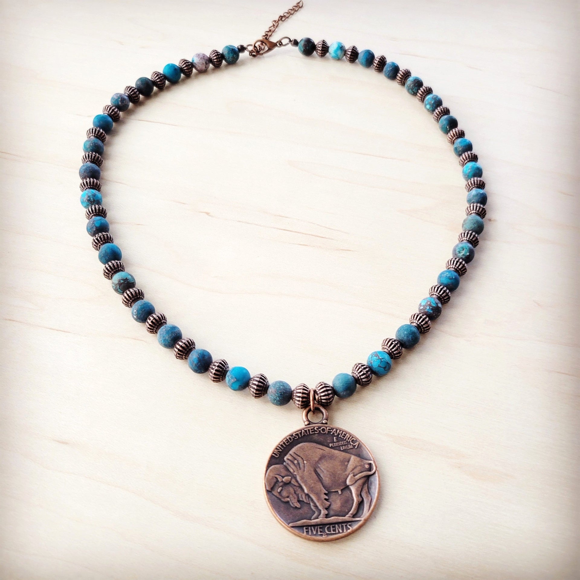 Natural Turquoise Beaded Collar Necklace with Indian Head Pendant - Image 3