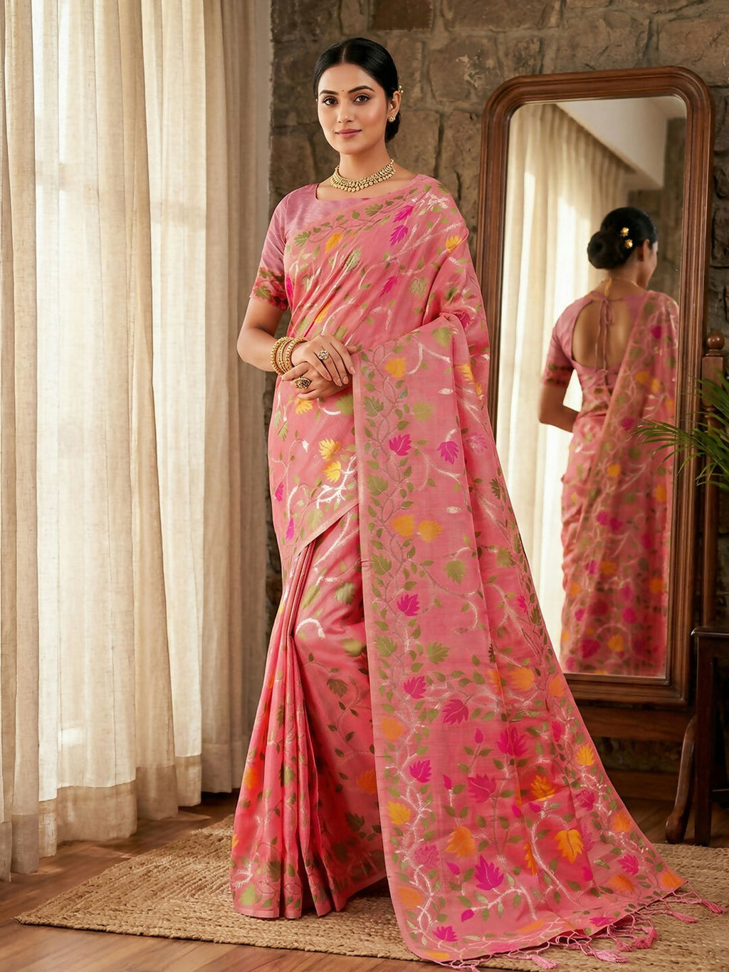 Elegant pink linen cotton saree with matching blouse fabric