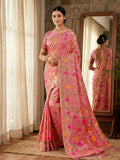 Elegant pink linen cotton saree with matching blouse fabric