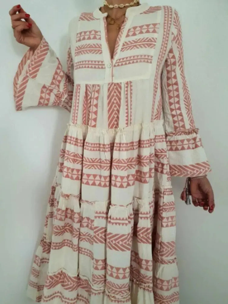 Women's Geometric Print V-Neck Maxi Dress