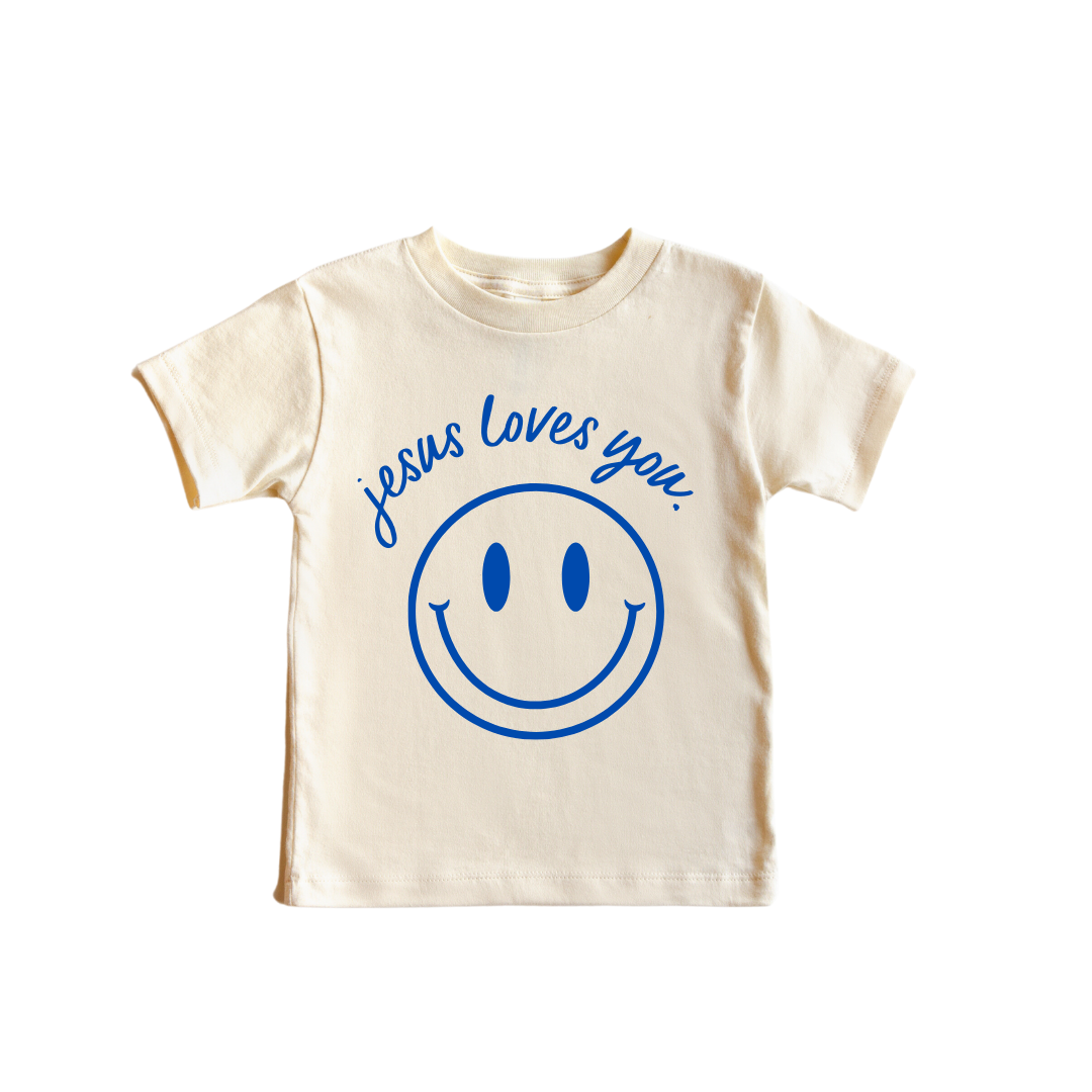 Jesus Loves You Smiley Toddler Tee in White Blue and Pink