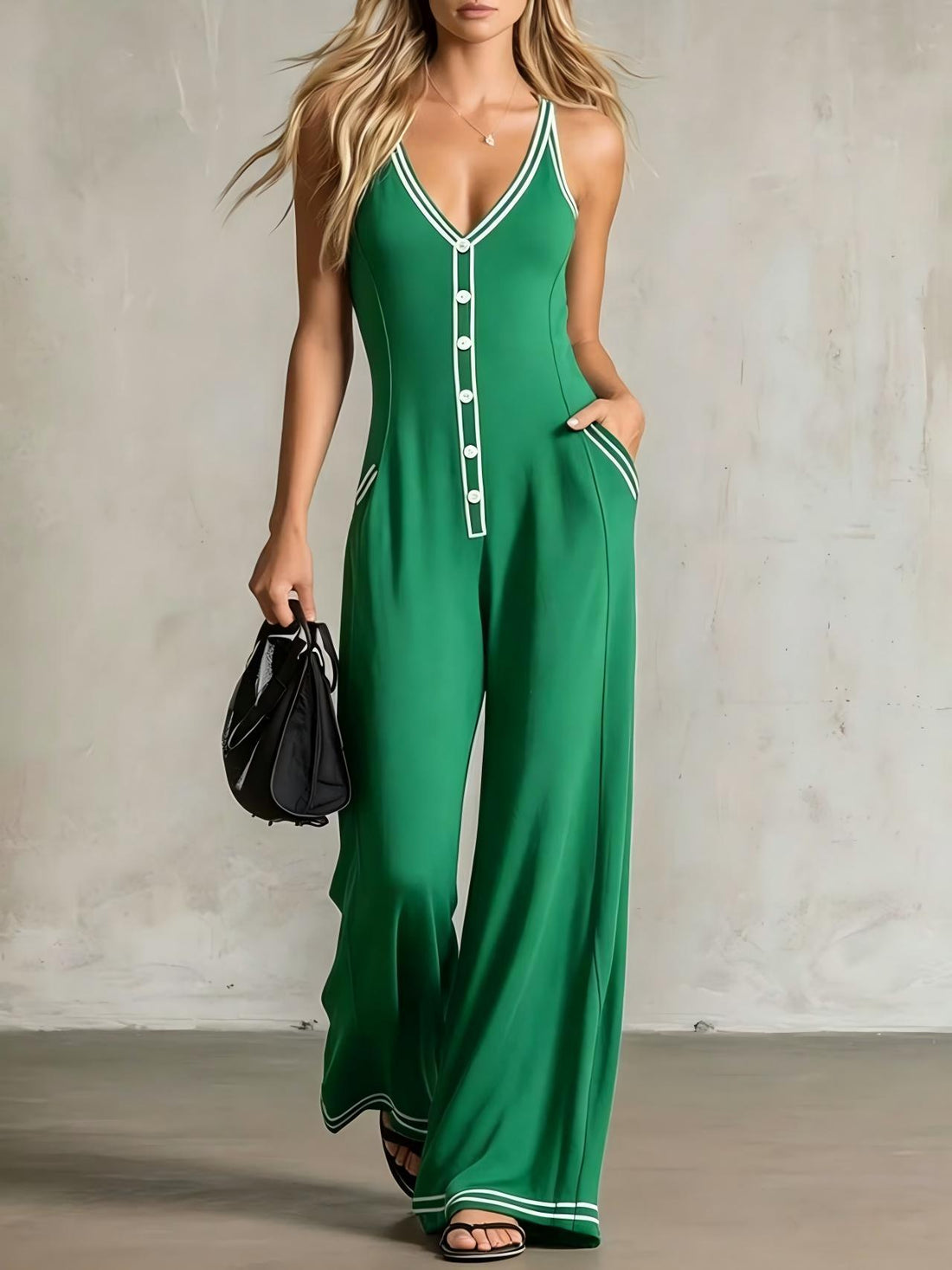 Women's V-Neck Sleeveless Wide-Leg Jumpsuit with Button Detail