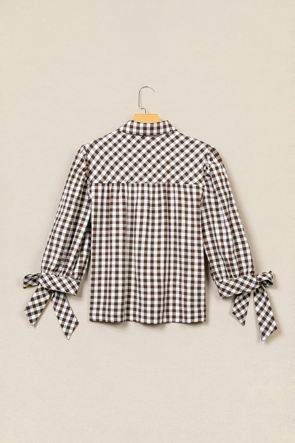 Gingham Bow Tie 3/4 Sleeve Button Down Shirt