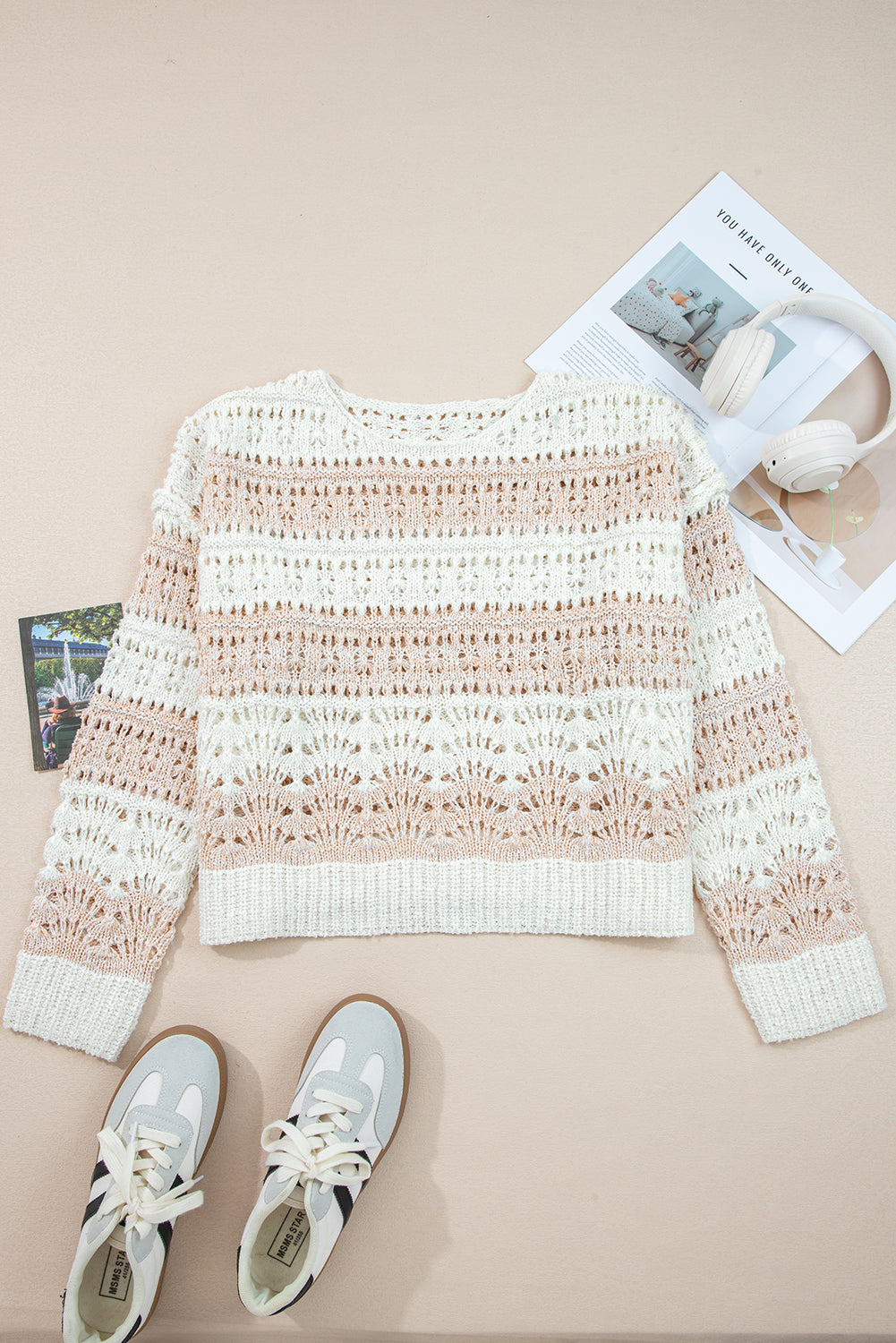 Colorblock Hollow-Out Drop Shoulder Sweater