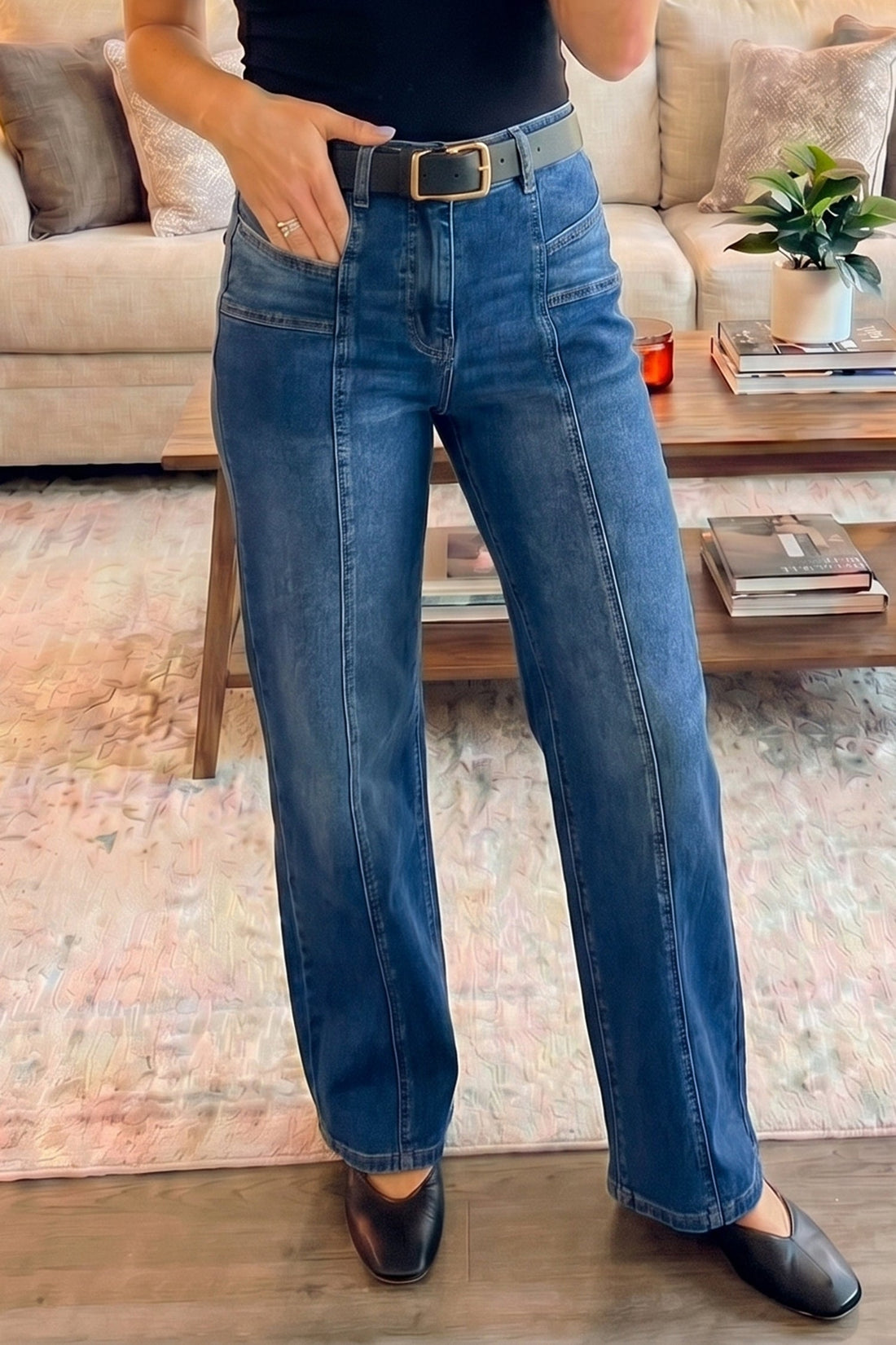 Yusra Mid-Rise Seam Detail Shift Jeans in Blue