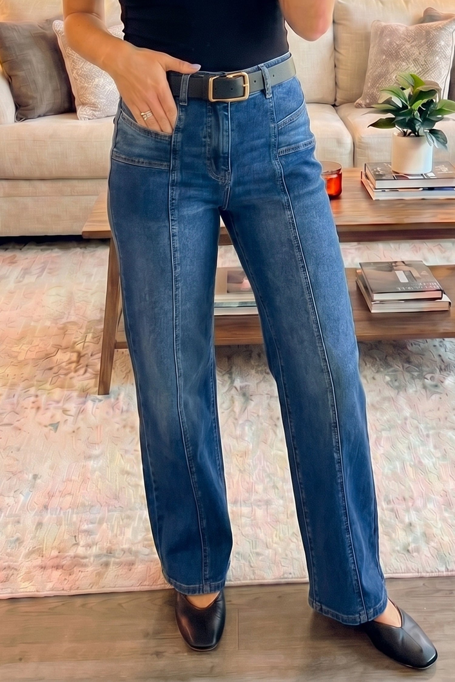 Yusra Mid-Rise Seam Detail Shift Jeans in Blue