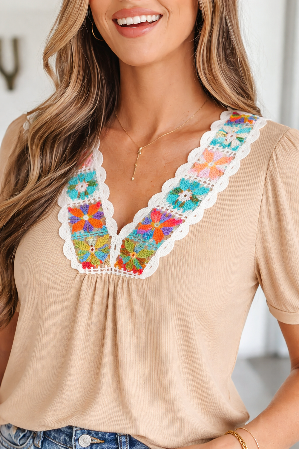 Marianna Textured V-Neck Blouse with Crochet Floral Detailing