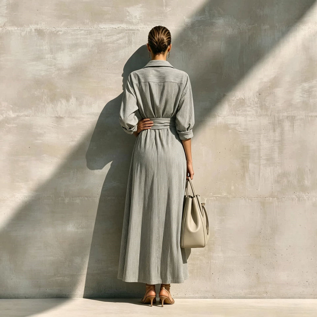 Women's Color-Block Belted Wrap Long Shirt Dress