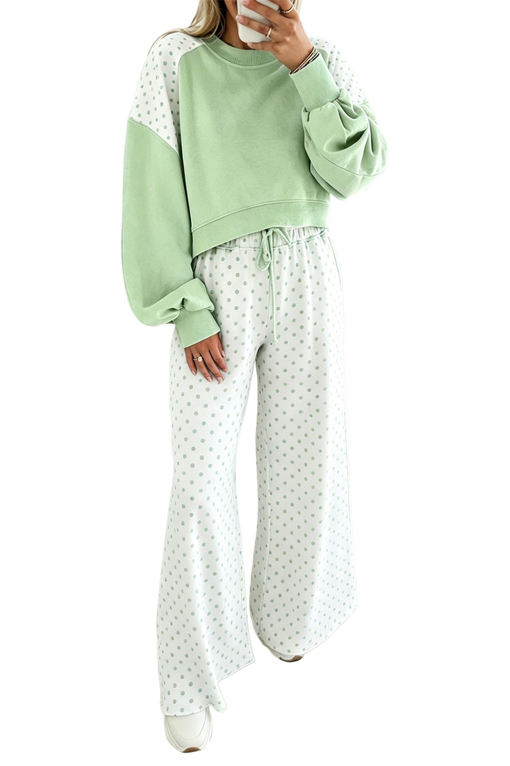 Green Polka Dot Patchwork Colorblock Long Sleeve Casual Two Piece Pants Set