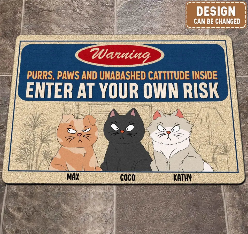 Personalized Warning Cat Doormat - Up to 6 Cats - Gift Idea For Cat Lover - Wipe Paws And Leave Cattitude Outside Feline Overlords Rule Here!