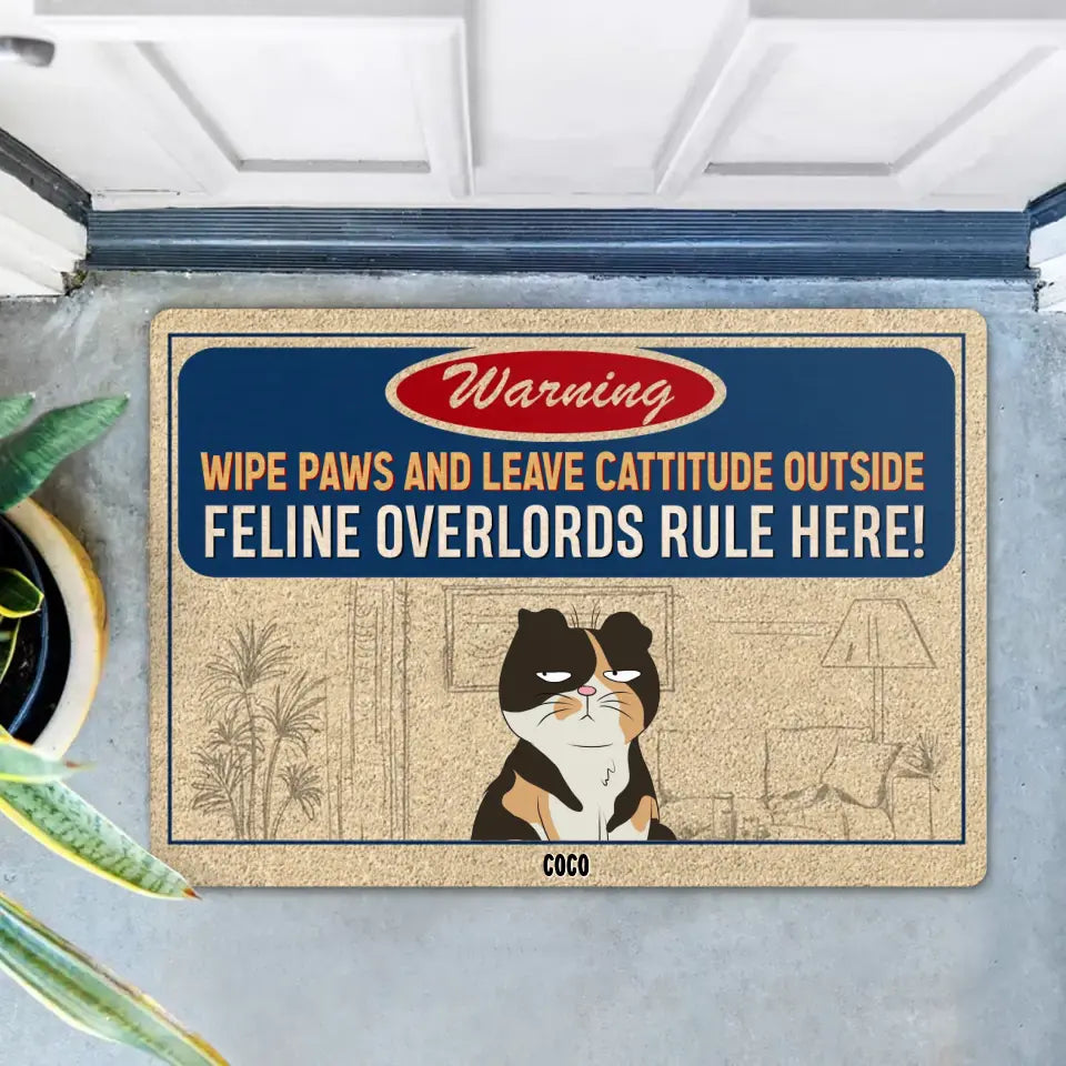 Personalized Warning Cat Doormat - Up to 6 Cats - Gift Idea For Cat Lover - Wipe Paws And Leave Cattitude Outside Feline Overlords Rule Here!
