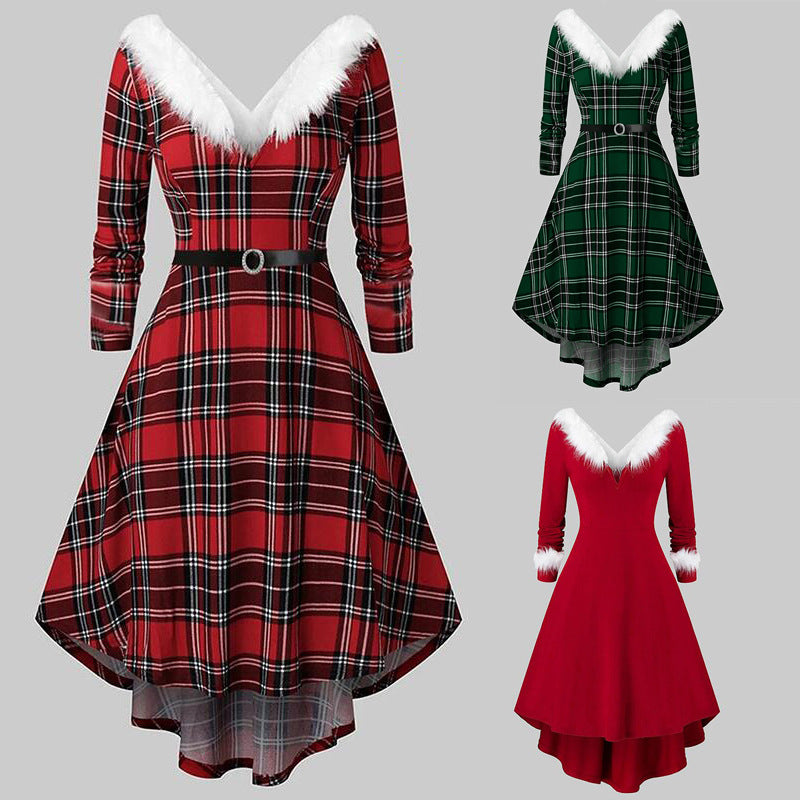 Women wearing a Christmas-themed plaid V-neck dress with white faux fur trim on the collar and sleeves, available in red and green plaid.