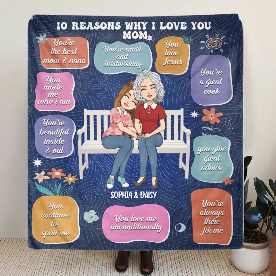Personalized Mother's Day Quilt/Fleece Throw Blanket - Up to 5 People - Mother's Day Gift Idea for Mom/Grandma - 10 Reasons Why I Love You
