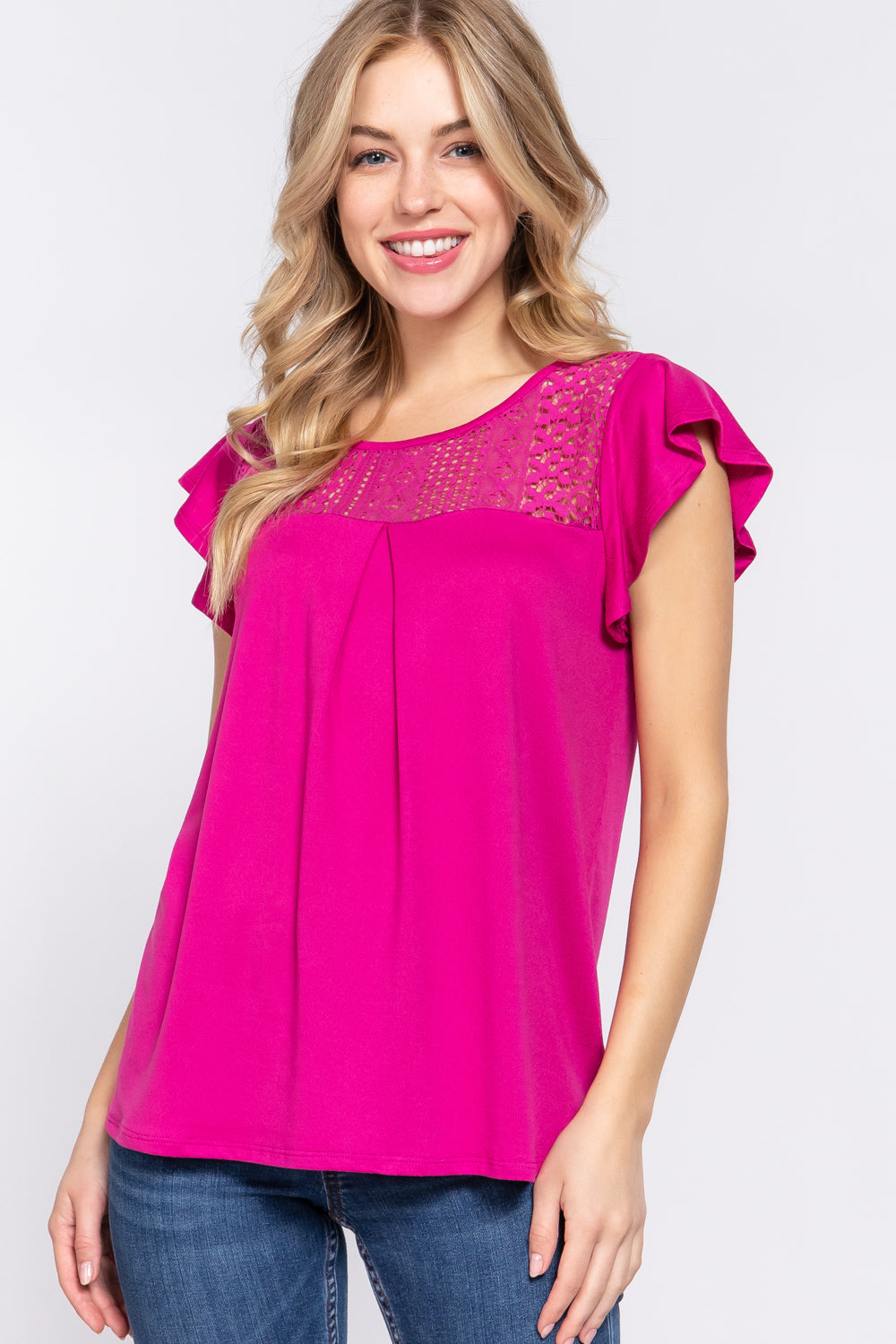Ruffle Sleeve Knit Top with Lace Detail
