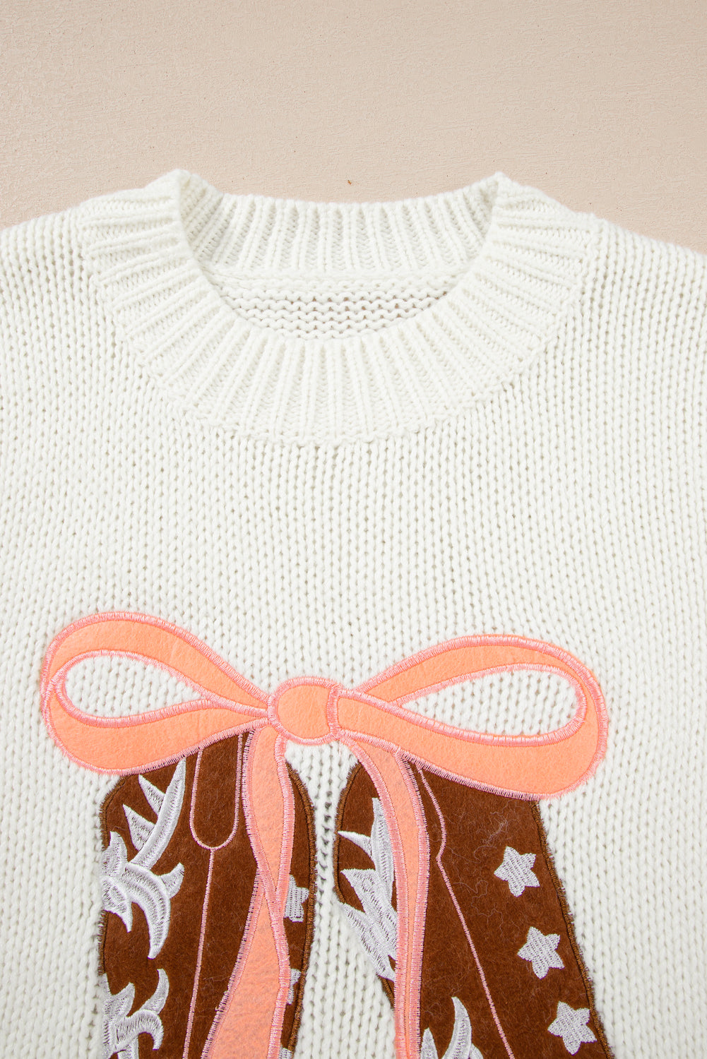Women's Embroidered Bow Boots Knit Sweater, Relaxed Crew Neck Top