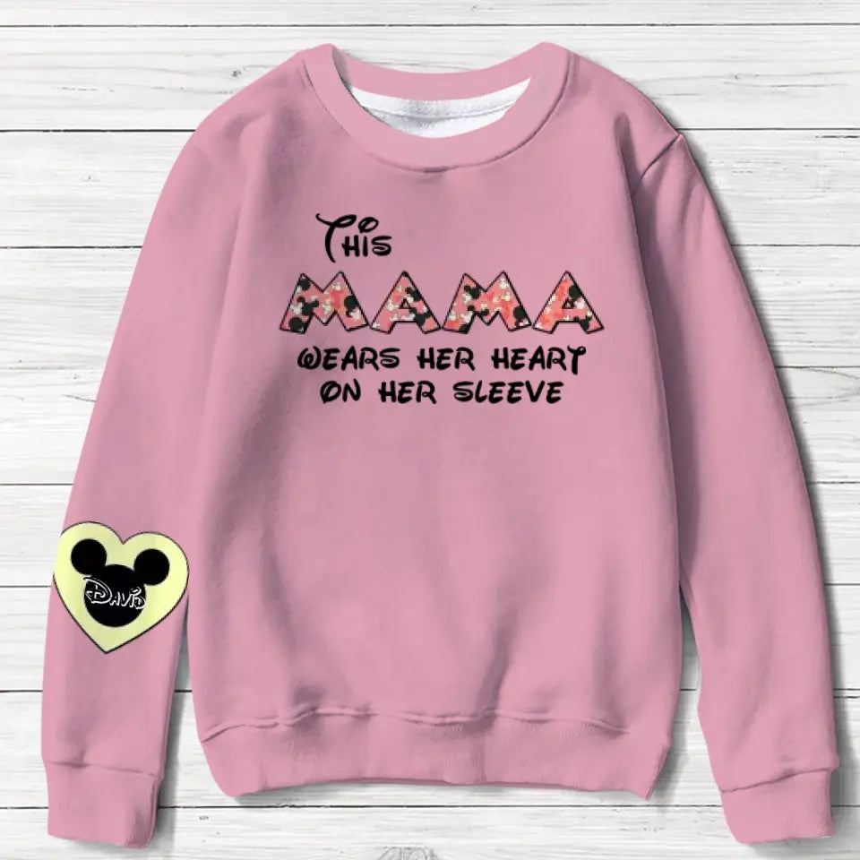 Personalized Mother's Day AOP Sweater - Up to 10 Kids - Mother's Day Gift Idea for Mom/Grandma - This Mama/Nana Wears Her Heart On Her Sleeve