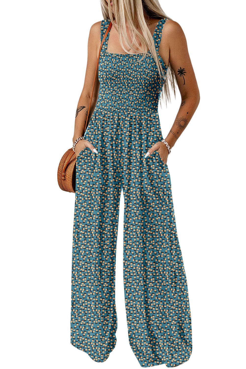 Green Floral Square Neckline High Waist Stretch Jumpsuit