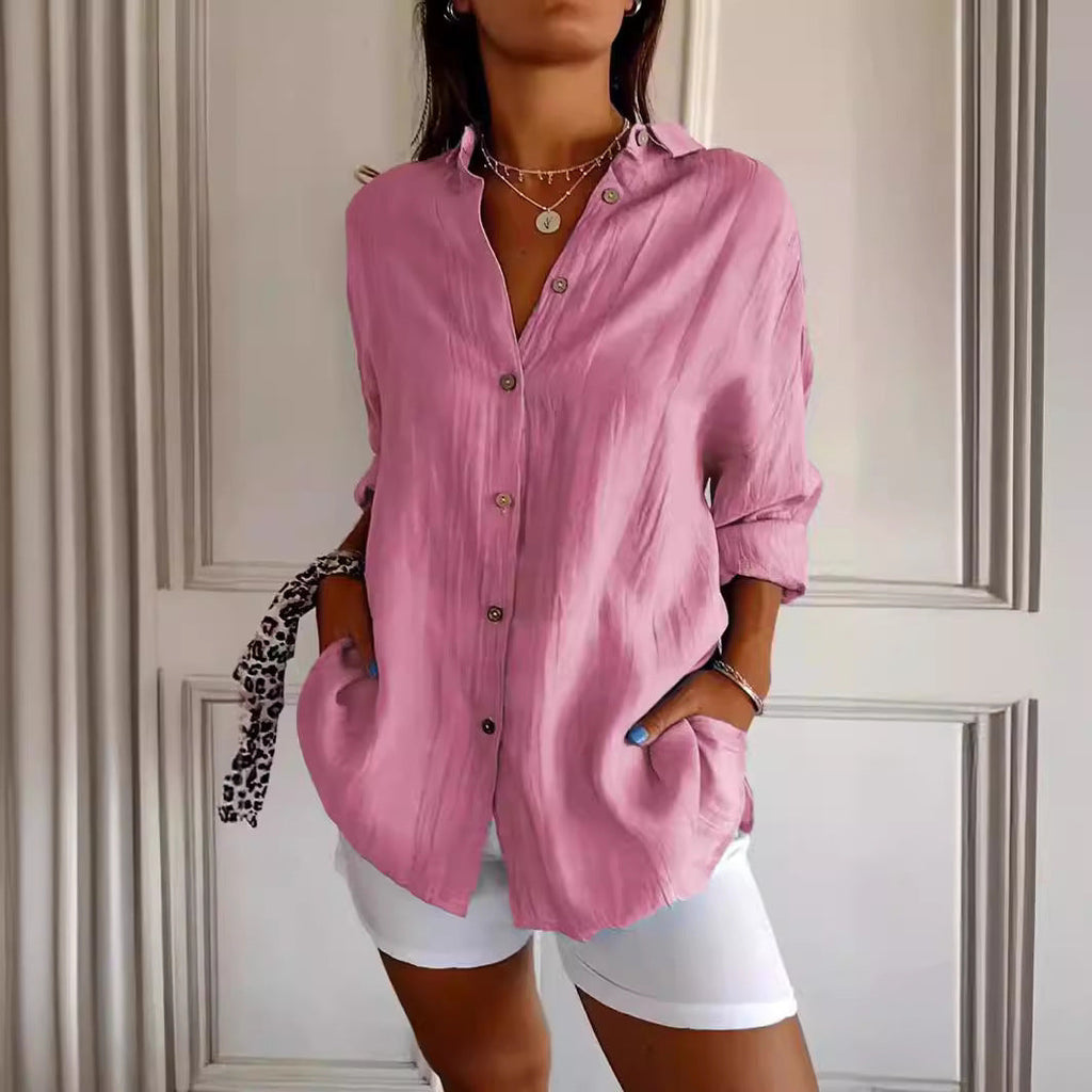 Women's Oversized Lapel Button-Down Shirt with Pleated Back
