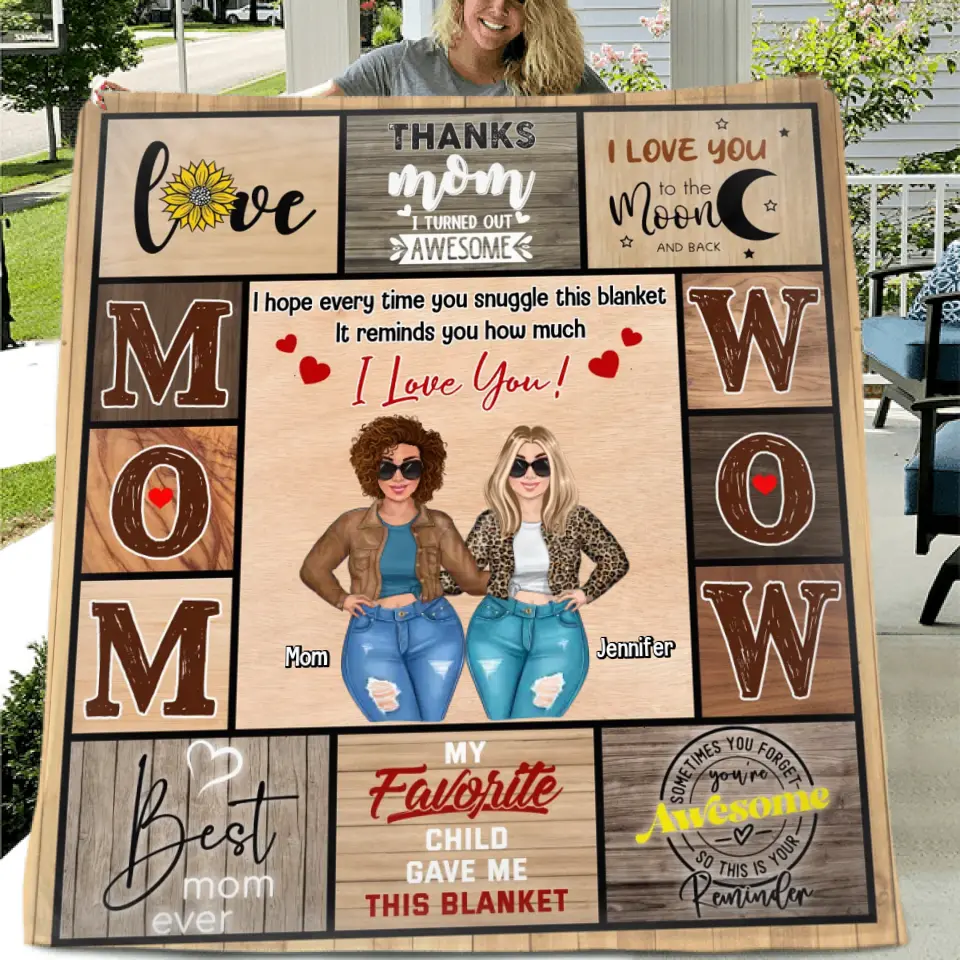Personalized Mom & Daughter Quilt/Fleece Throw Blanket - Mother's Day Gift Idea To Mom - I Love You To The Moon And Back