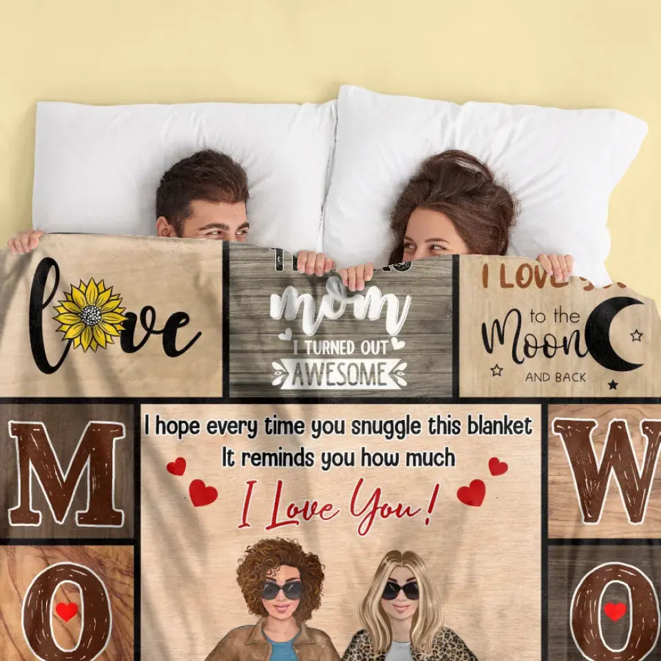 Personalized Mom & Daughter Quilt/Fleece Throw Blanket - Mother's Day Gift Idea To Mom - I Love You To The Moon And Back