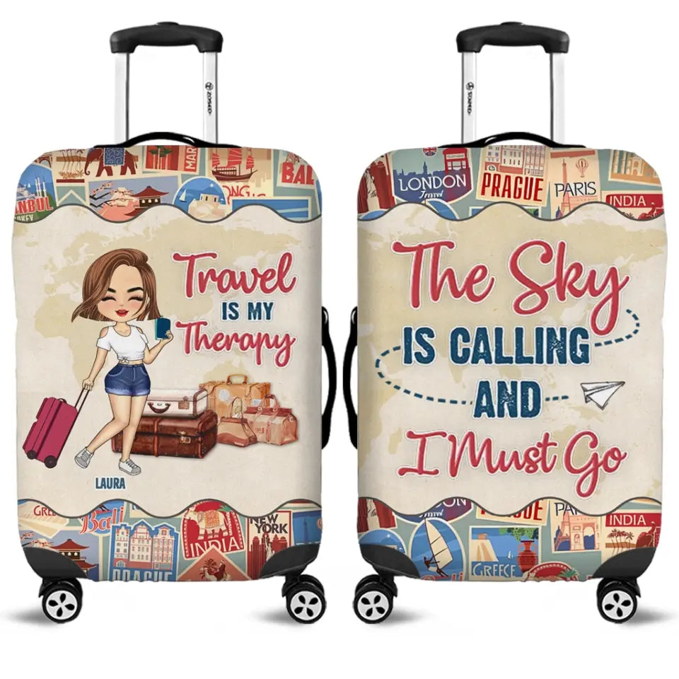 Personalized Traveling Girl Suitcase Luggage Cover - Gift For Girl/Traveling Lovers - The Sky Is Calling And I Must Go