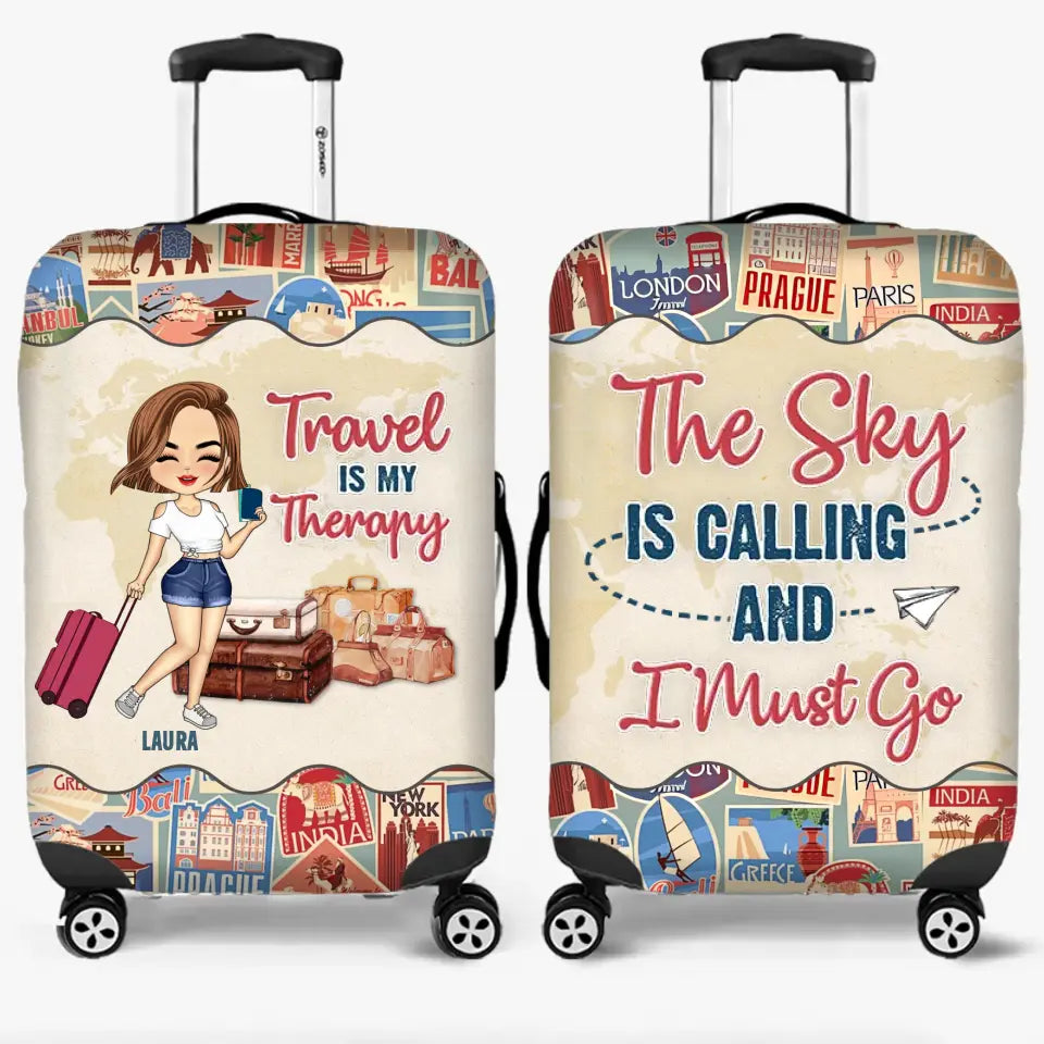 Personalized Traveling Girl Suitcase Luggage Cover - Gift For Girl/Traveling Lovers - The Sky Is Calling And I Must Go