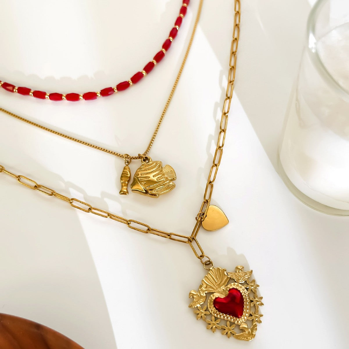 Stainless Steel Heart And Small Fish Enamel Red Bead Necklace