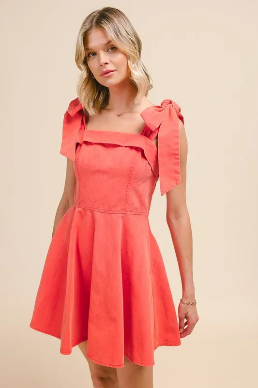SO ME Fit and Flare Washed Denim Gameday Dress - Coral