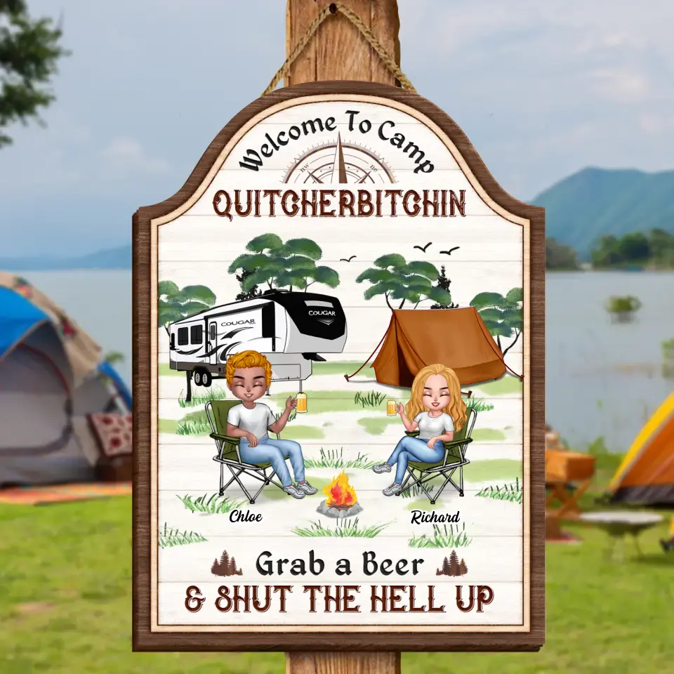 Personalized Camping Wooden Sign - Best Gift For Camping Lovers/Friends - Up to 7 Friends - Welcome To Camp Quitcherbitchin