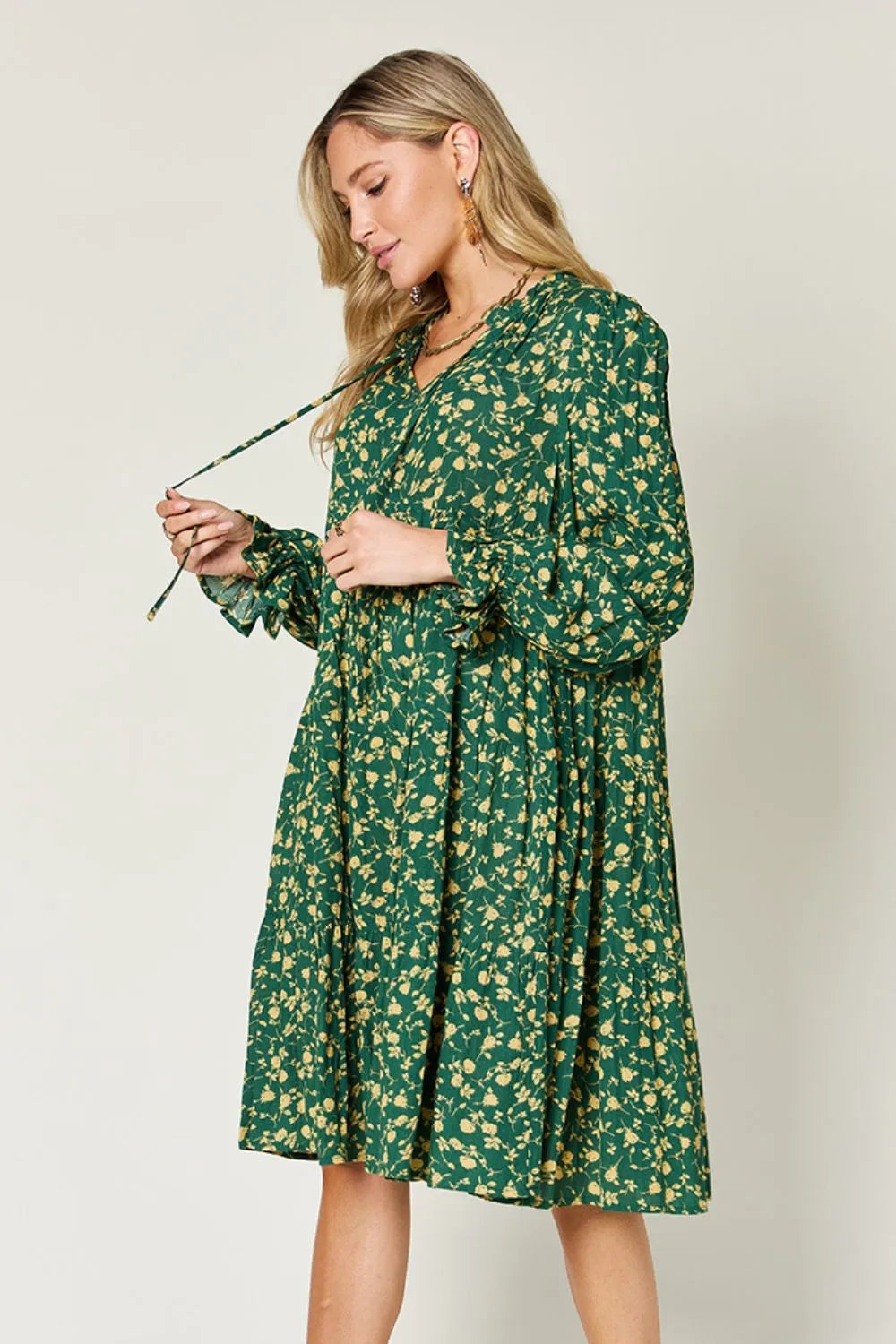 Printed Ruffle Hem Long Sleeve Tiered Midi Dress