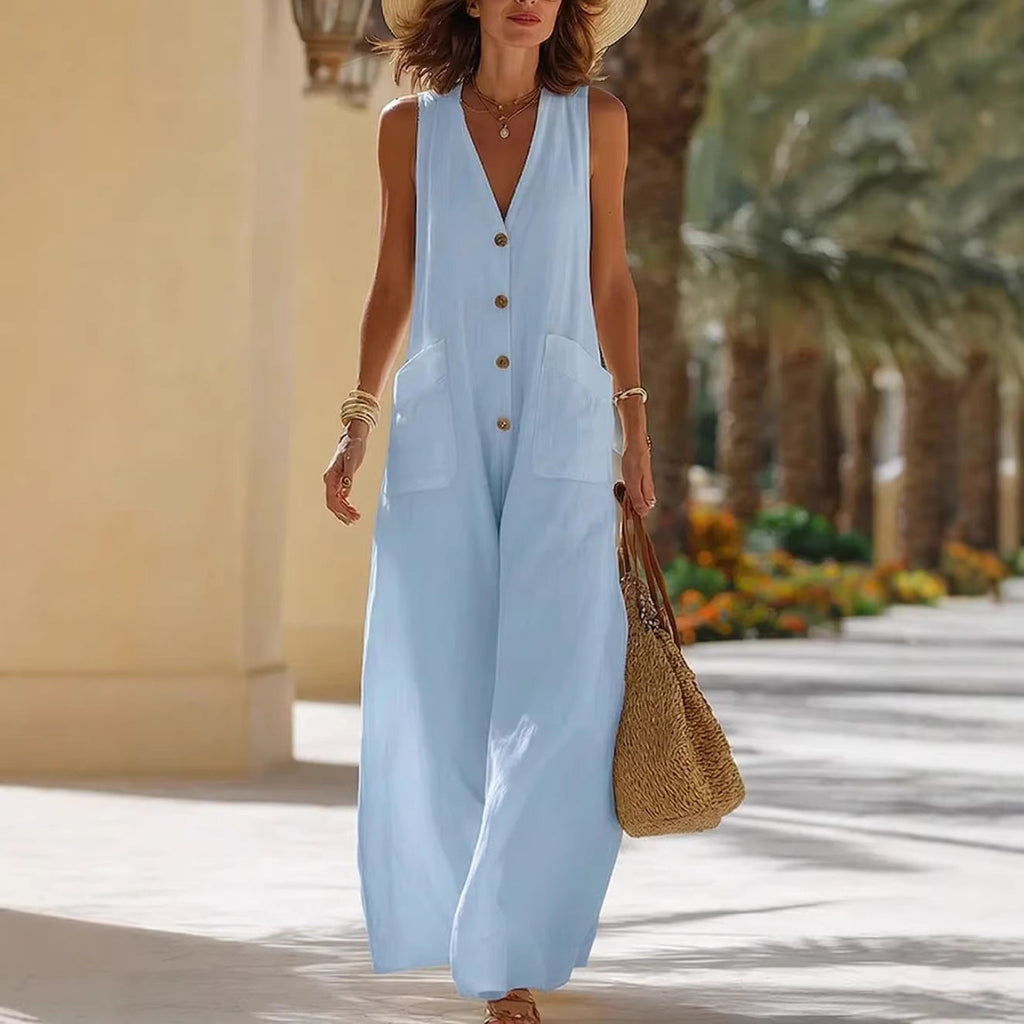 Women's Sleeveless Cotton-Linen Wide-Leg Button Front Jumpsuit - Image 5