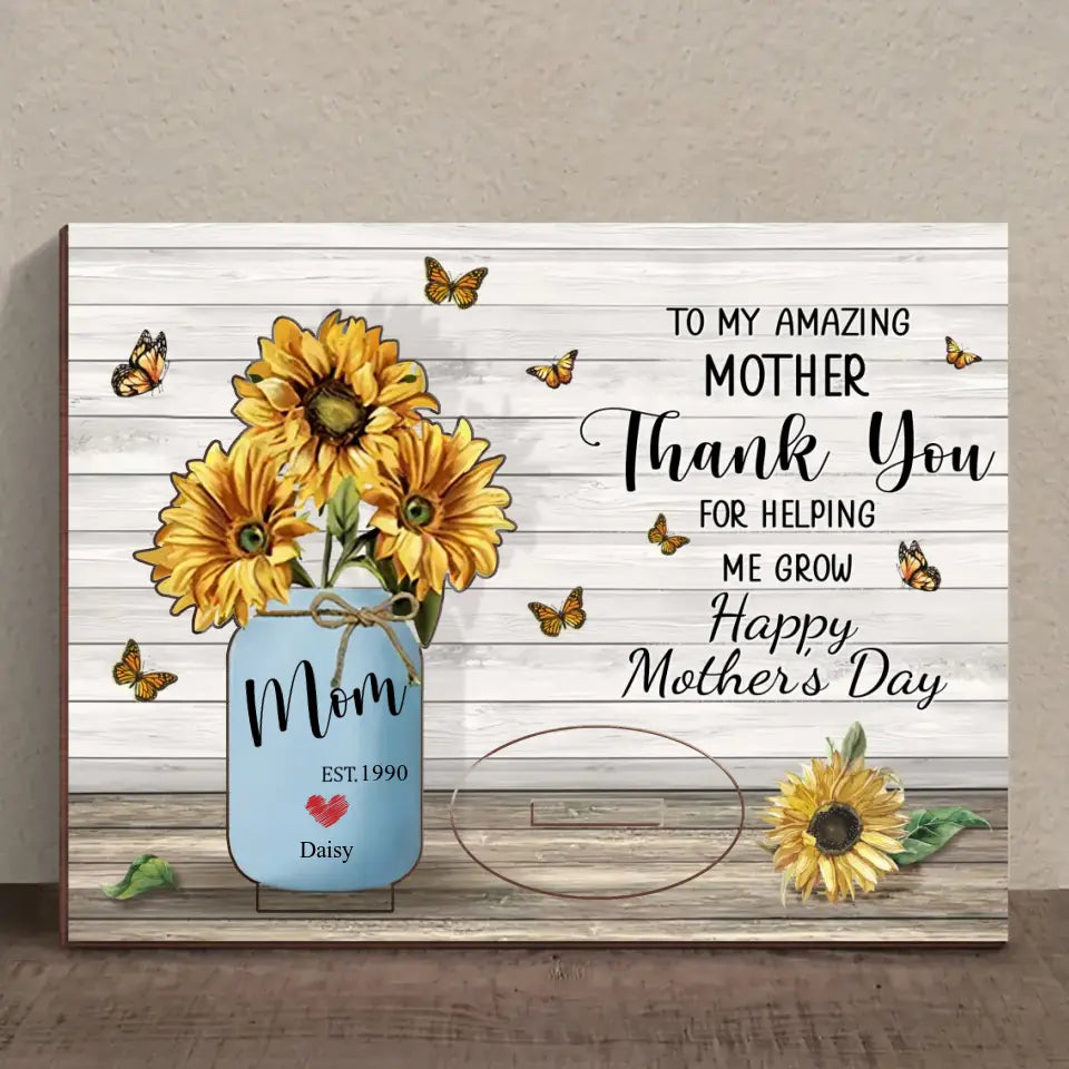 Personalized Sunflower Wooden Mother's Card - Up to 8 Kids - Mother's Day Gift Idea For Mom - Thank You For Helping Me Grow