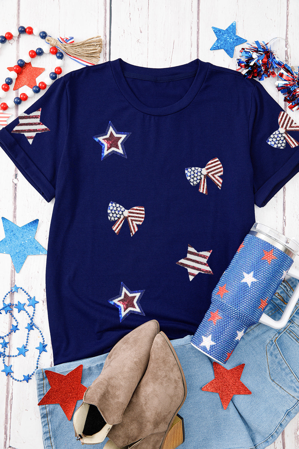 Blue Sequin USA Flag Bow Star Graphic Crewneck T-Shirt