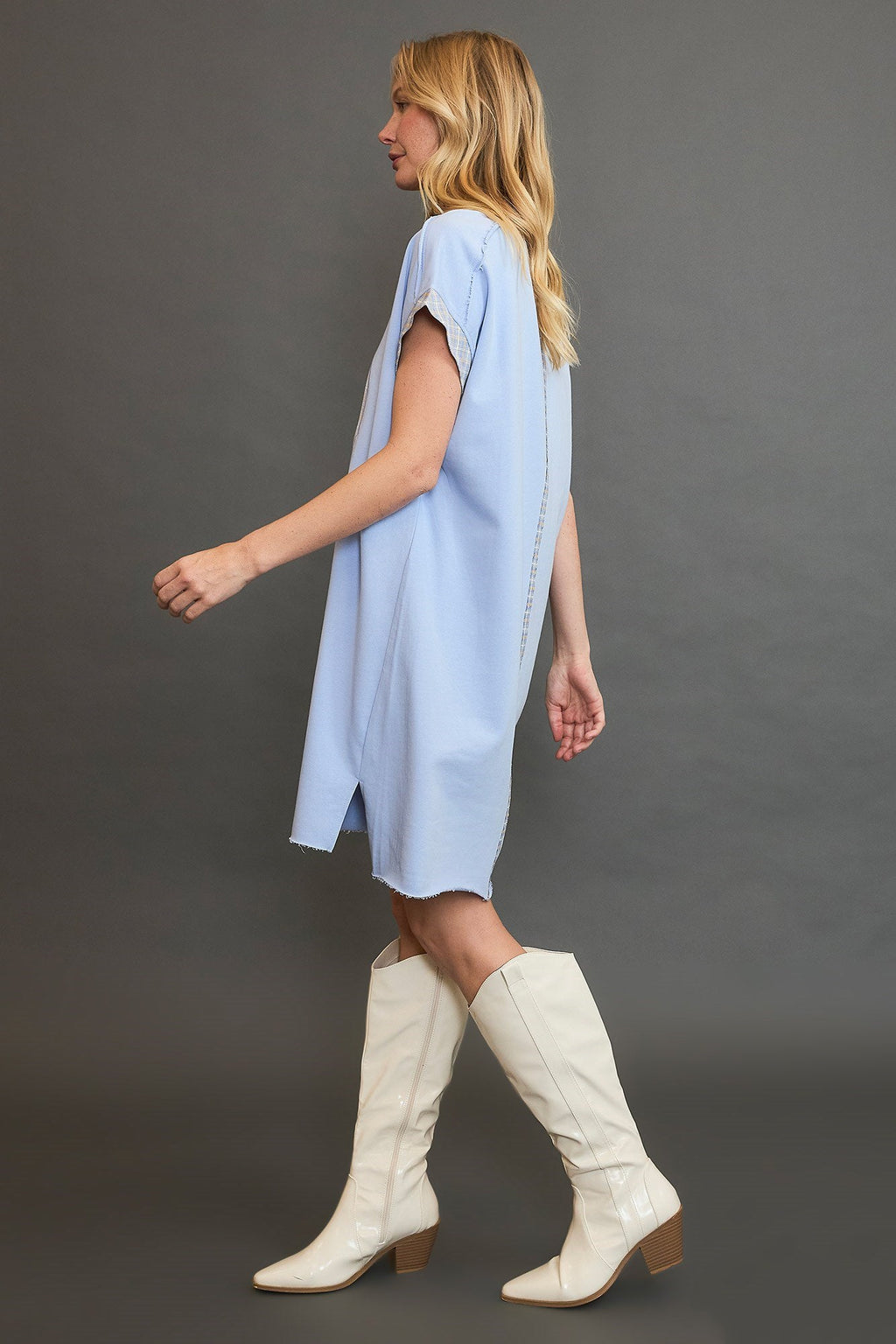 Light Blue Plaid Applique Short Sleeve Mini Dress