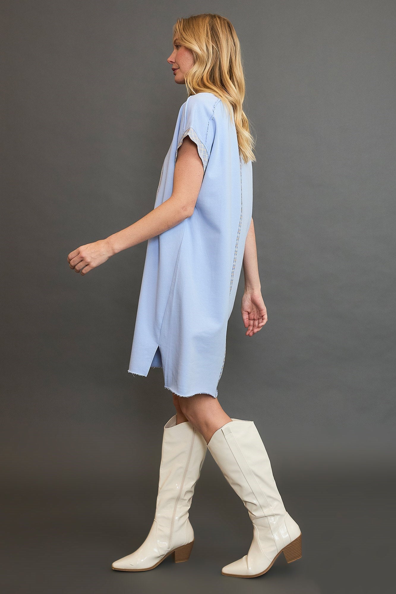 Light Blue Plaid Applique Short Sleeve Mini Dress