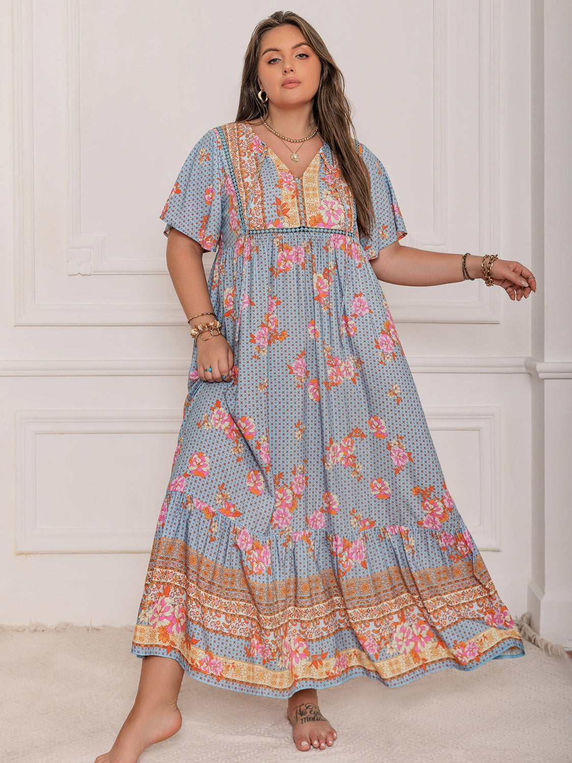 Floral Printed Flutter Sleeve Maxi Dress with Ruched Tie