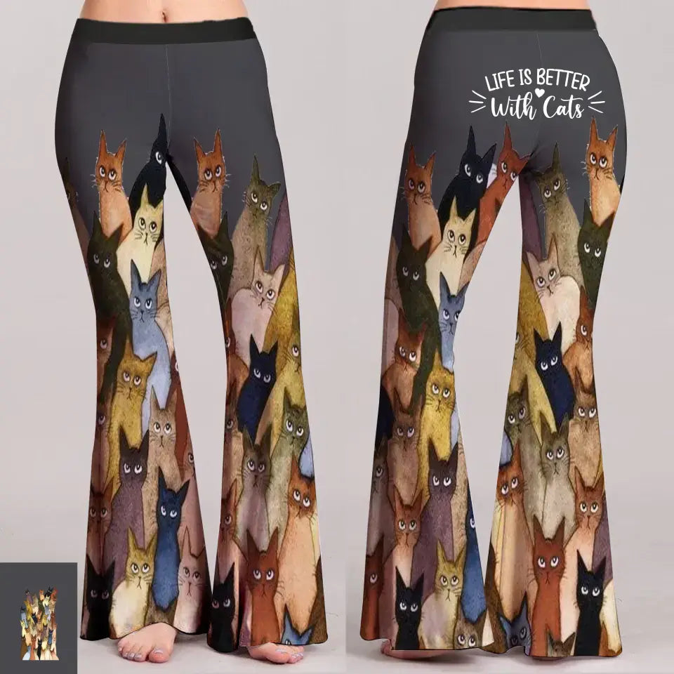 Women wearing high-waisted flare pants with an all-over colorful cat pattern print