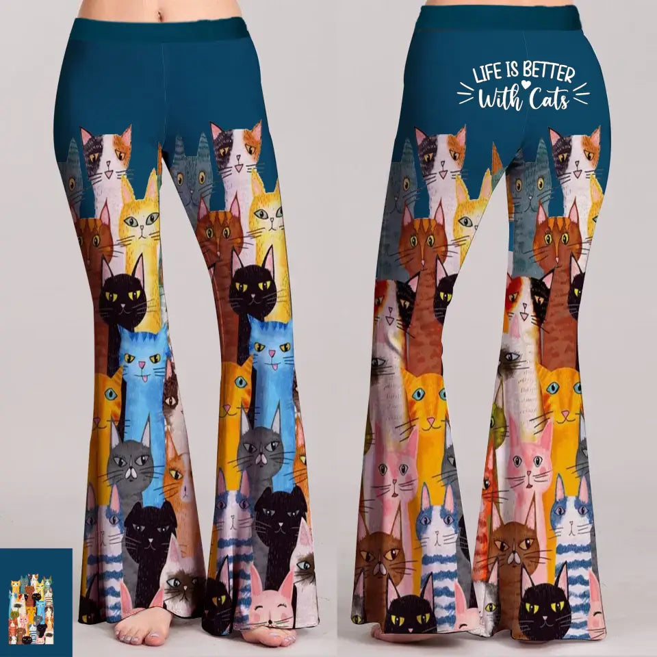 Women's Cat Print Flare Pants High Waisted Yoga Trousers - Image 4