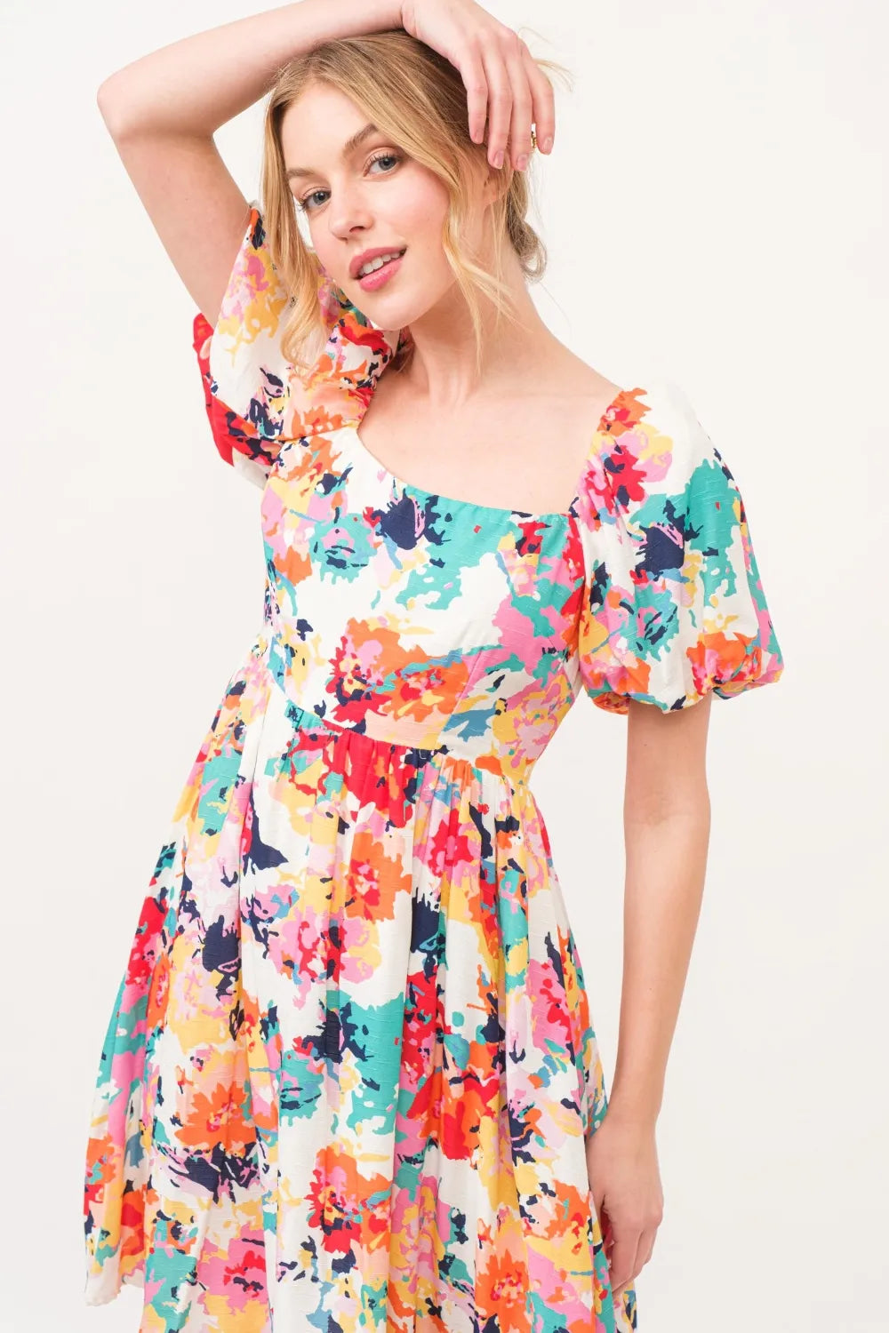 Square Neck Puff Sleeve Floral Mini Dress | A-Line