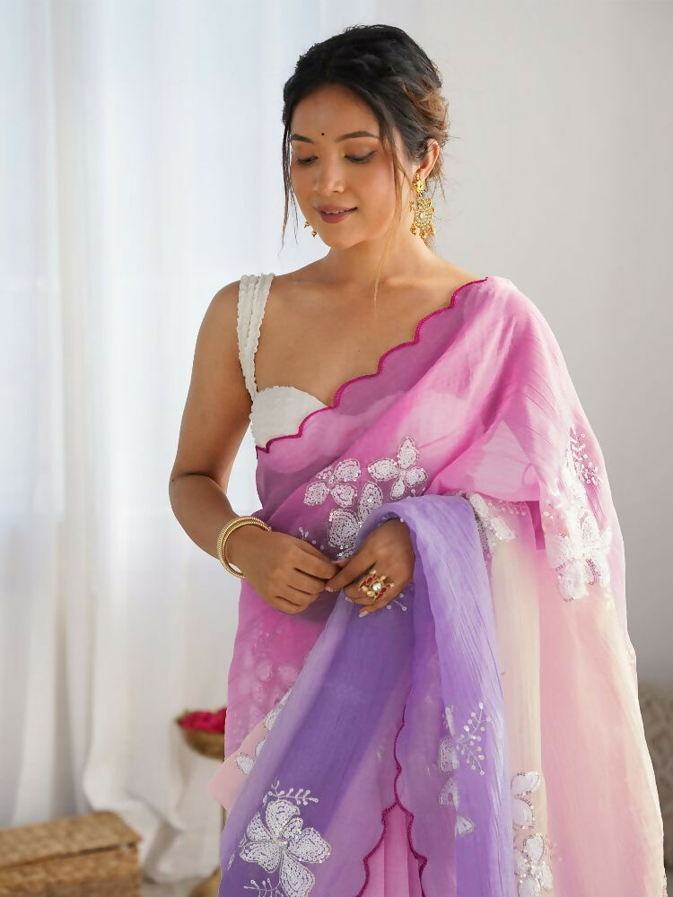Pink Lavender Gold Crush Embroidery Saree with Roto Banglori Blouse