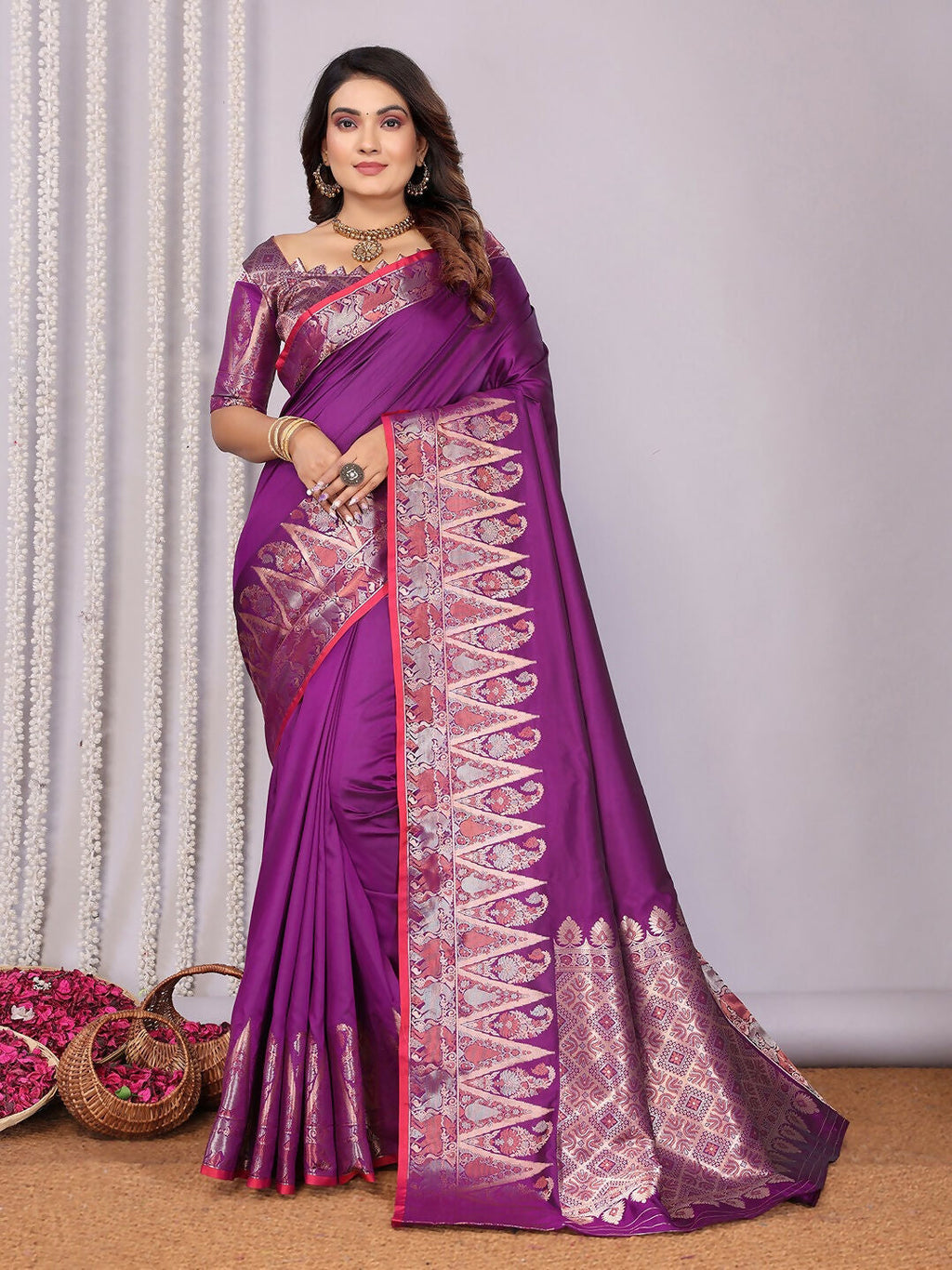 Purple Banarasi soft silk saree with elegant jacquard woven patterns