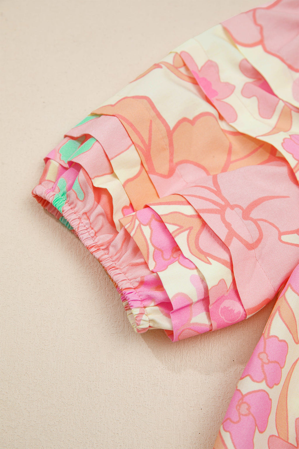 Floral Pintuck Short Sleeve Cotton Blouse in Pink Cream Peach