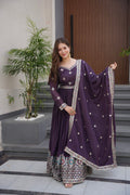 Wine diamond silk Anarkali gown with embroidery threads and sequins work, accompanied by a matching dupatta.