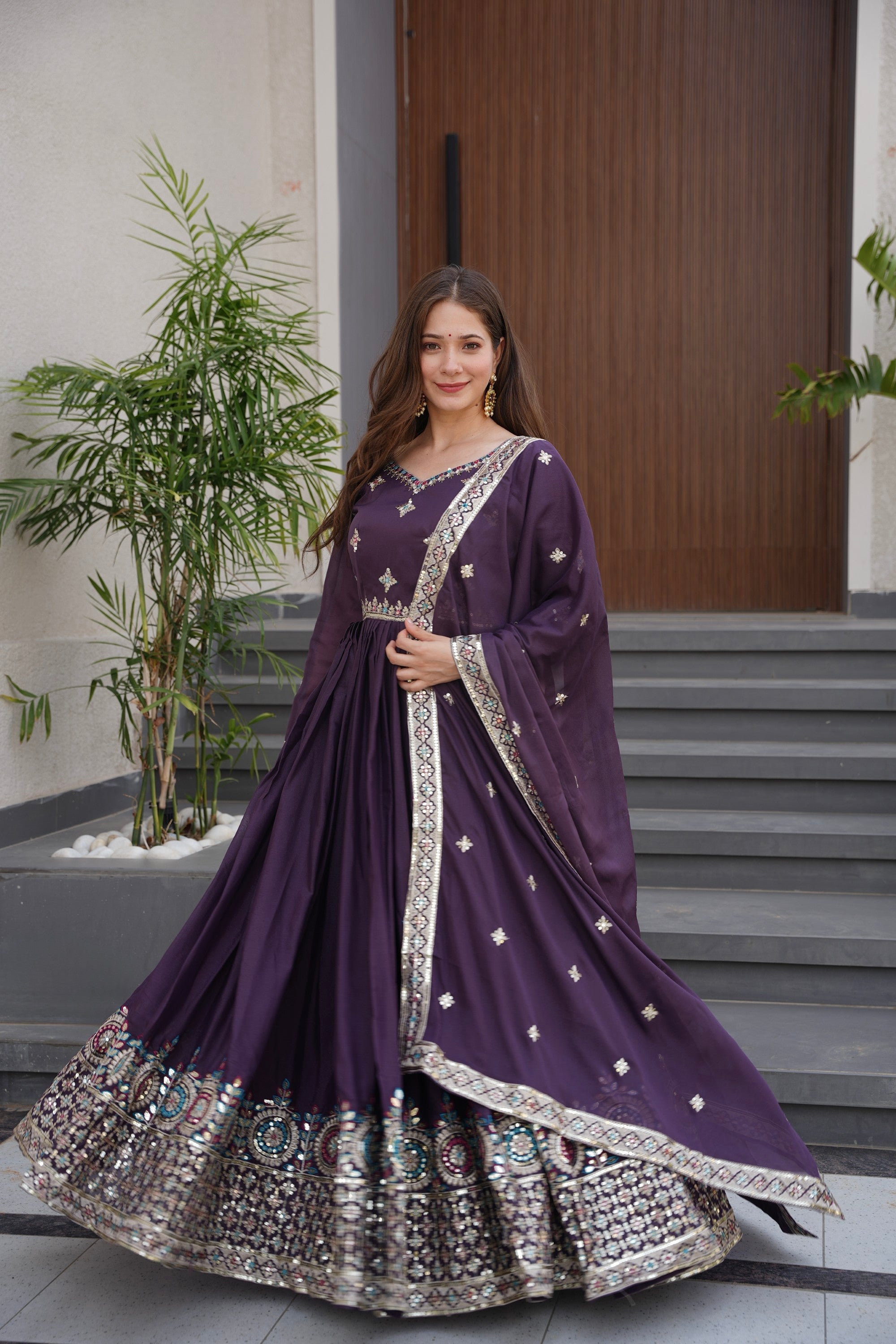 Wine Diamond Silk Anarkali Gown with Embroidery and Sequins