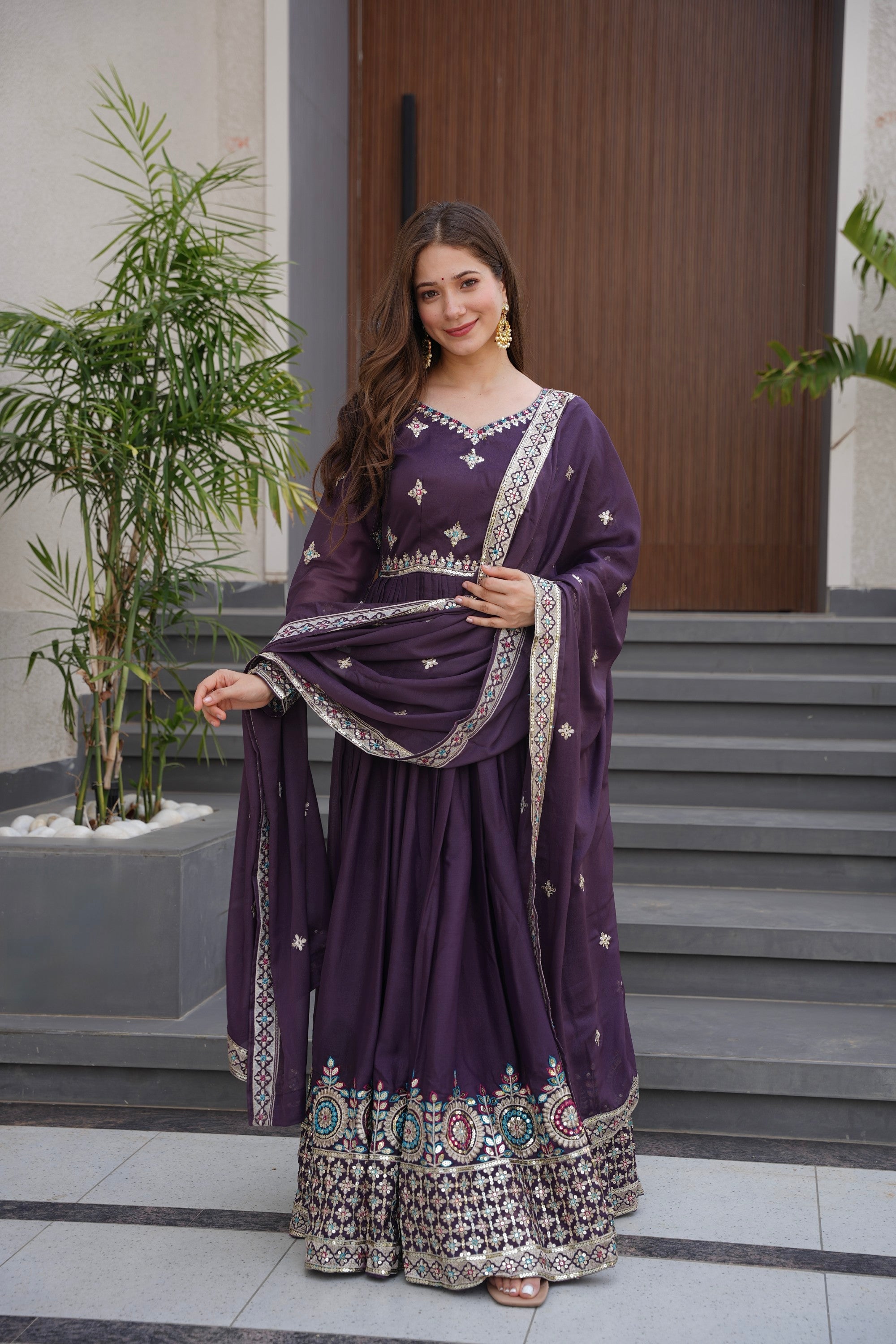 Wine Diamond Silk Anarkali Gown with Embroidery and Sequins