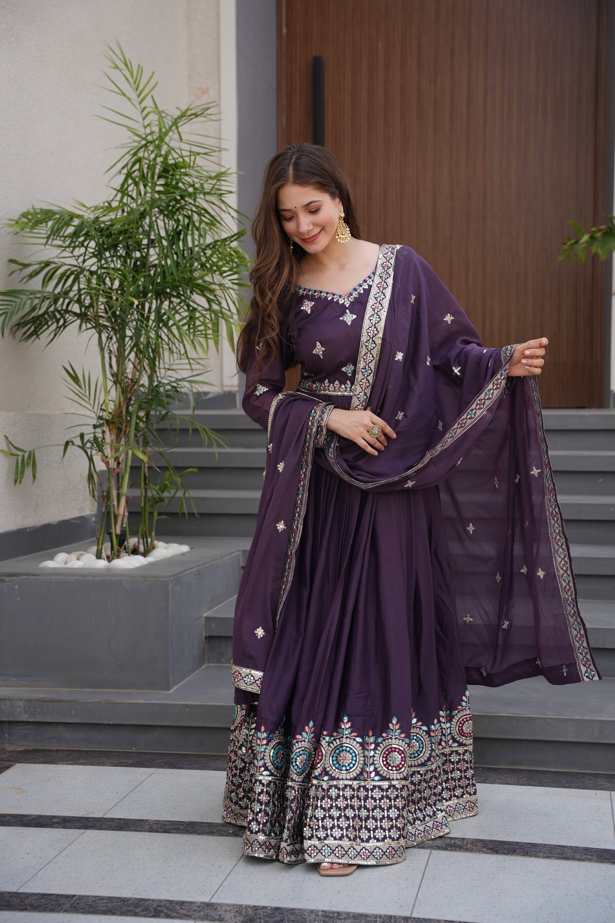 Wine Diamond Silk Anarkali Gown with Embroidery and Sequins