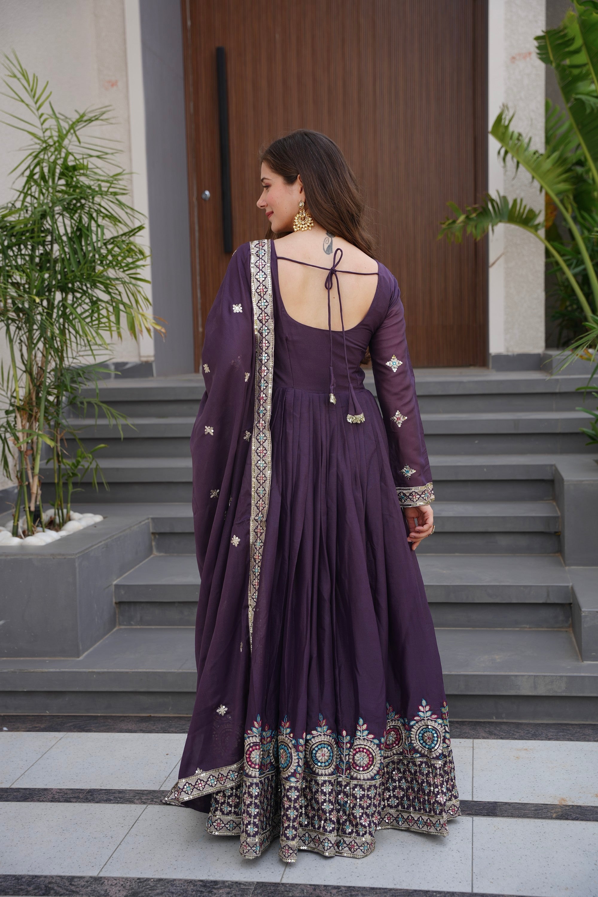 Wine Diamond Silk Anarkali Gown with Embroidery and Sequins
