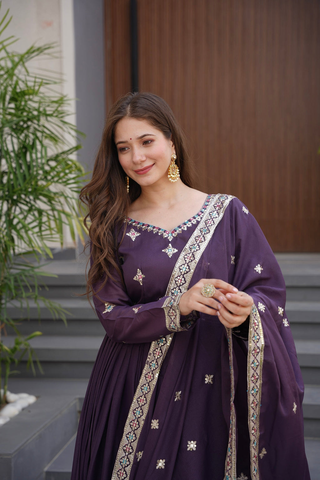 Wine Diamond Silk Anarkali Gown with Embroidery and Sequins