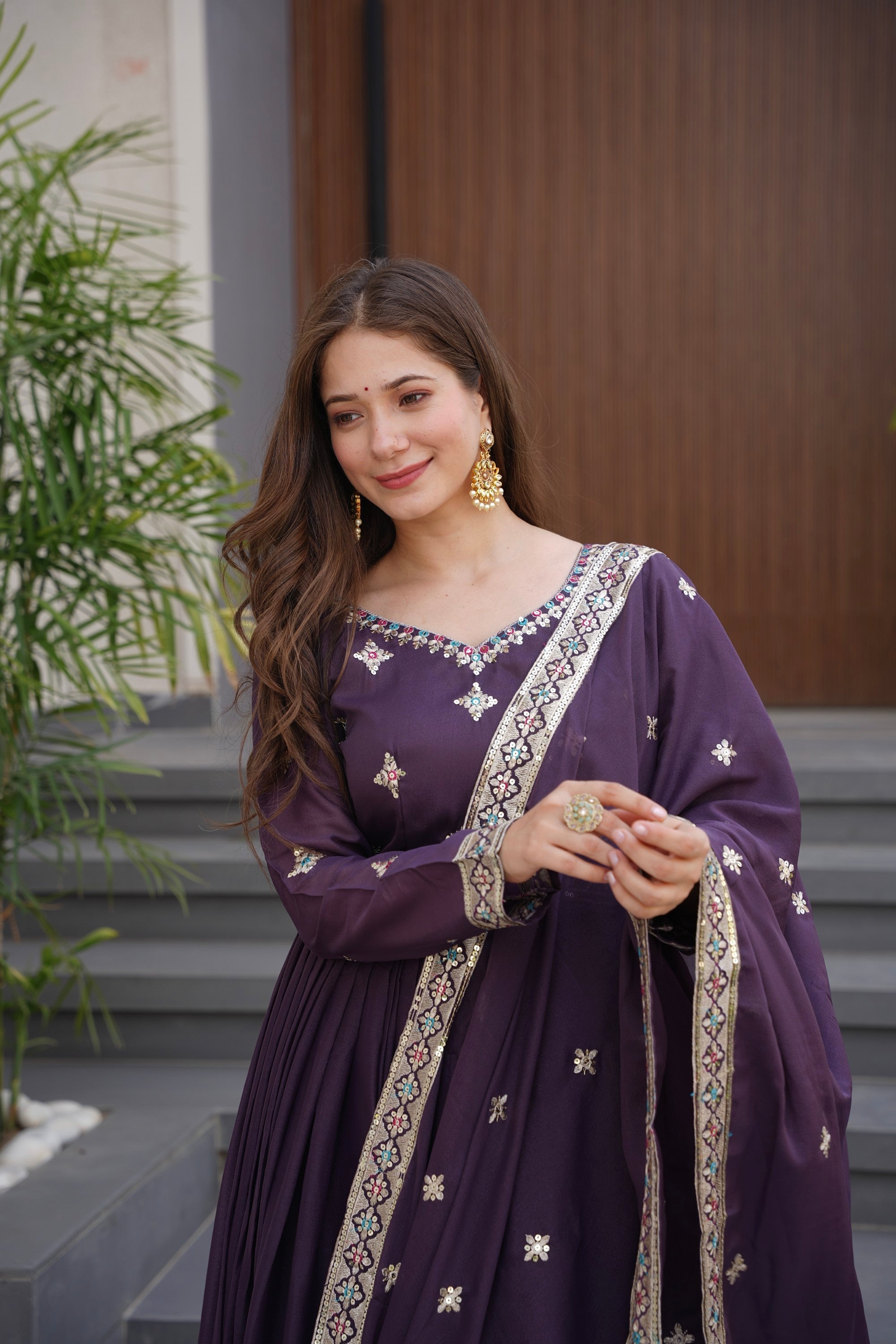 Wine Diamond Silk Anarkali Gown with Embroidery and Sequins