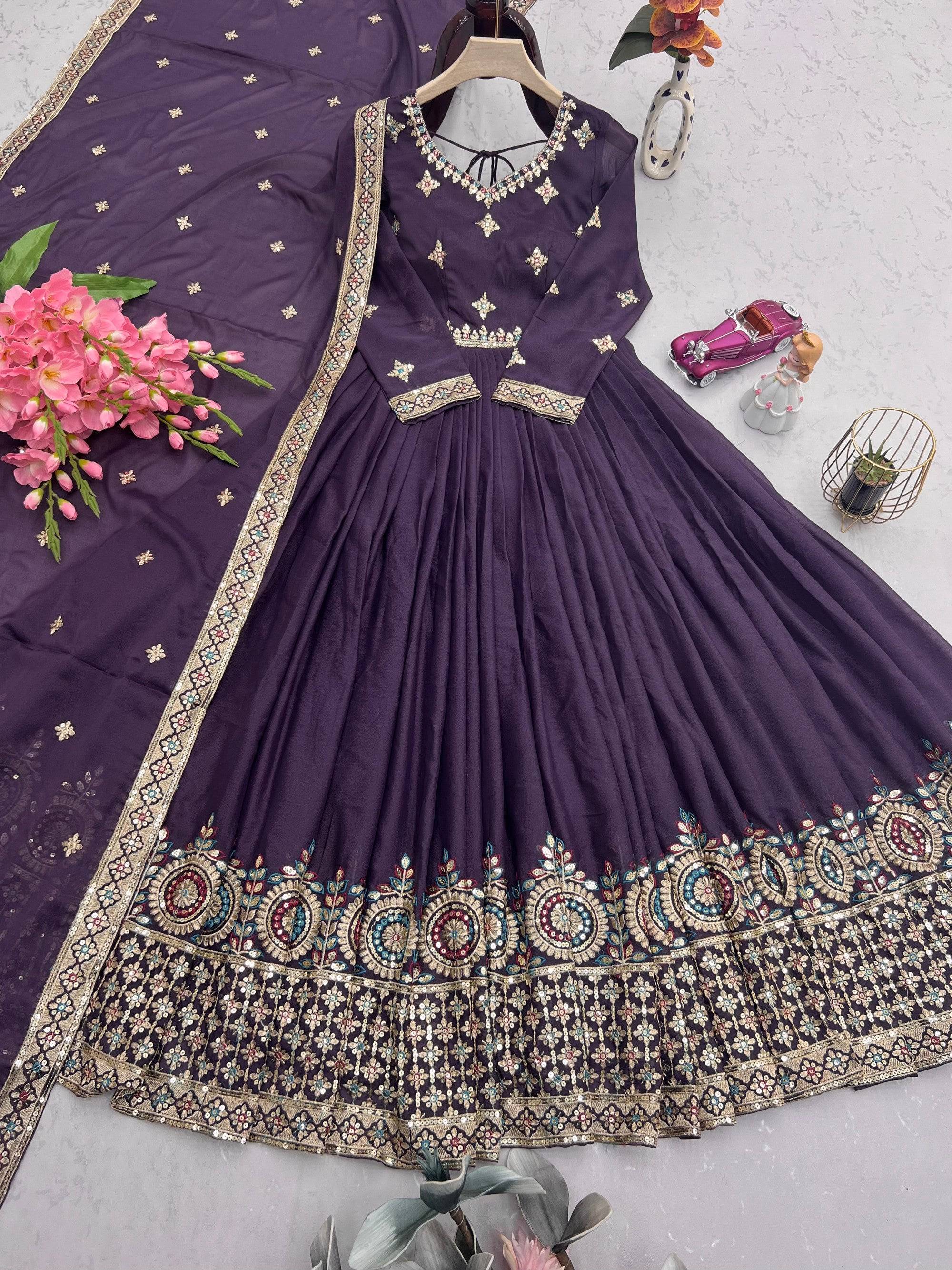 Wine Diamond Silk Anarkali Gown with Embroidery and Sequins